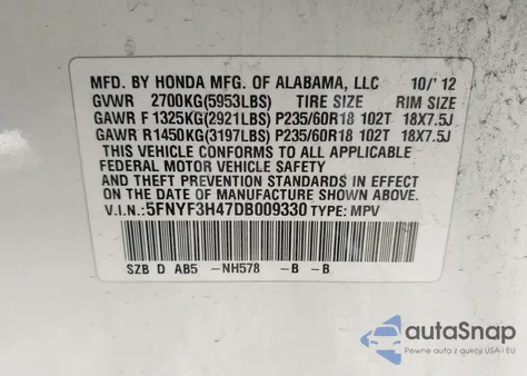 2013 Honda Pilot Ex z USA, uszkodzony, nr VIN 5FNYF3H47DB009330